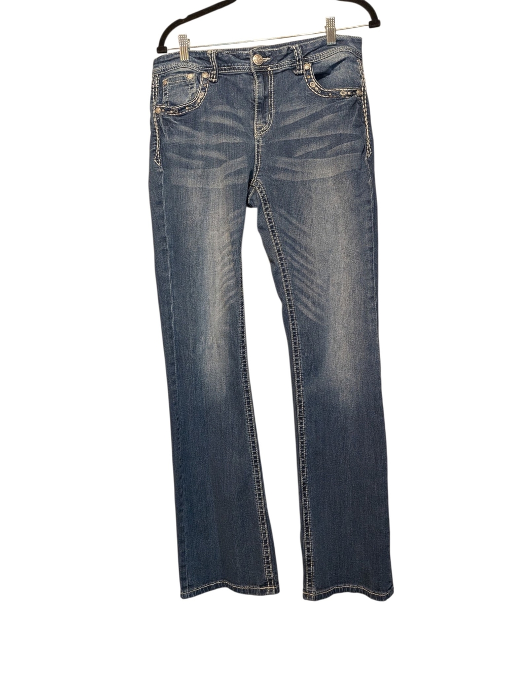 Grace in LA Distressed Medium Blue Flare Jeans